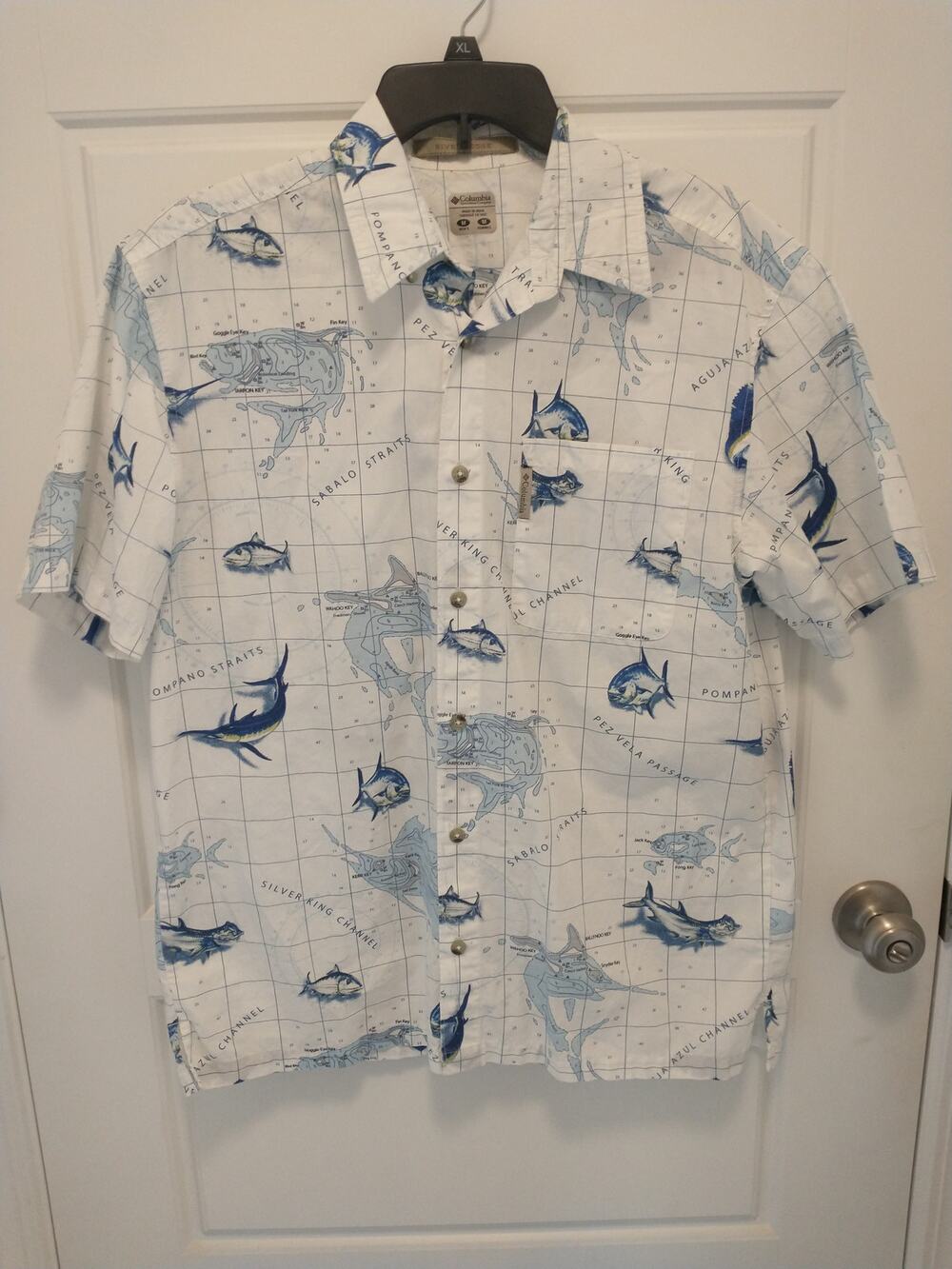 Vintage Columbia River Lodge Nautical Fish Map Button Down Fishing Shirt Size M